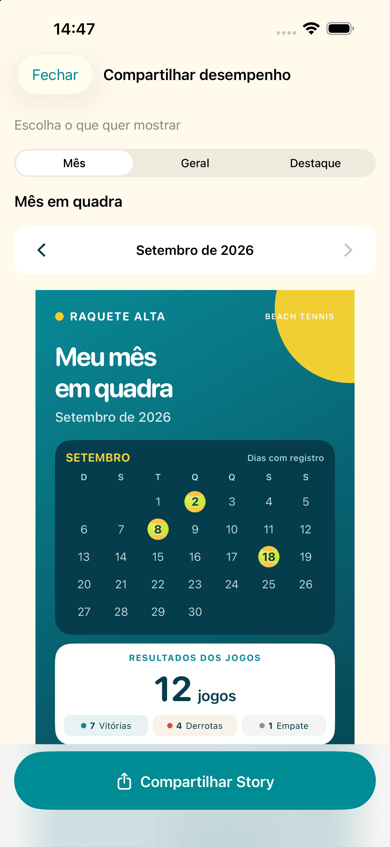 Tela de estatísticas pessoais do Raquete Alta, com calendário e resultados dos jogos